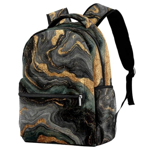 KengjuTesu Campus Backpack Travel Daypacks School Rucksack Bookbag with Bottle Holder for Girls Boys,Black and Gold Marble