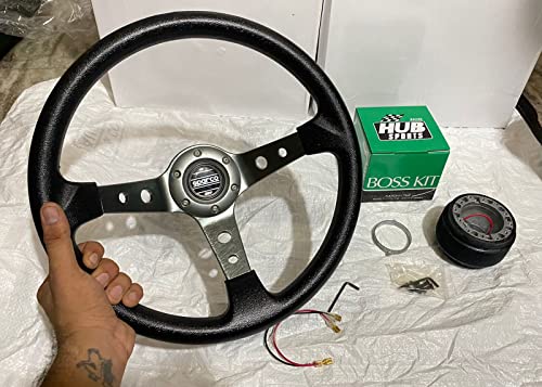 Image of AUTO MT - SPARCO 14INCH DEEP Style Universal Steering Wheel for Sports Car Look Rally Race Off Road with BOSS KIT HUB Free (Grey SPARCO 14 inch Steering Wheel with BOSS KIT HUB)
