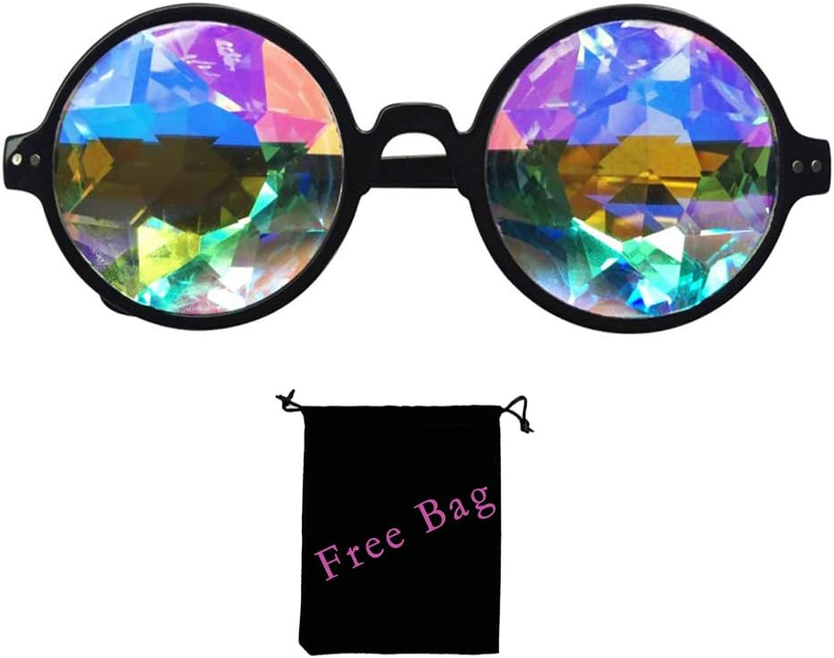 Kaleidoscope Sunglasses Rainbow Crystal Lenses - Rave, Festival, Light Show, Electronic Concert, Night Show Party (Black)