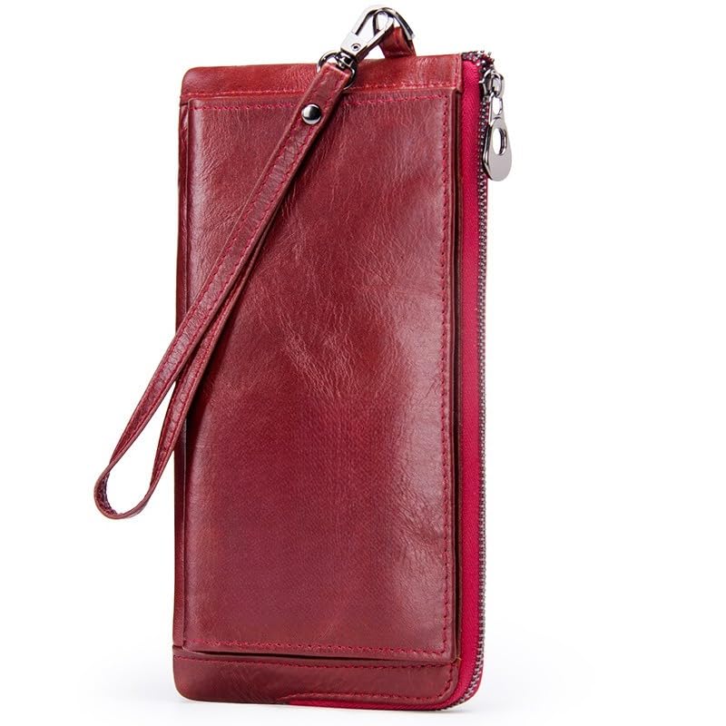 Retro Mens Genuine Leather Long Bifold Wallet Large Capacity Multi Card Slots Zipper Pocket Travel Use (Red)