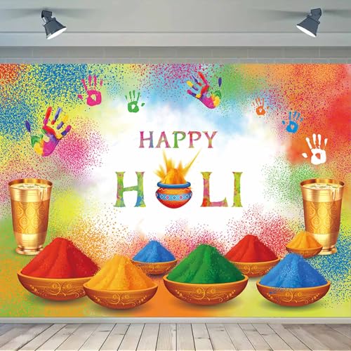 Fanghui 7 * 5ft India Happy Party Photo Background Holi Splashed Colored Pigments Backdrops for Photoshoot Color Palm Print Pigment Tray Holi Photography Backdrop Muslim New Year Banner Supplies