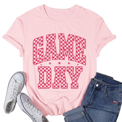 VQD Women's Football Shirt Game Day T-Shirt Checkered Sports Season Helmet Fan Tee Tops Pink