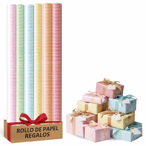 Rollo de papel para envolver regalos, Papel Regalo Cumpleaños, Papel Regalo Navidad, Papel navideño, Tamaño 70 cm x 10 Metros, Contiene 6 Rollos con diseños de Rayas Multicolor