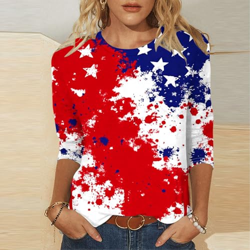 Image of Fourth of July Shirts for Women 3 /4 Sleeve Summer Tops American Flag Print T Shirt Patriotic 4th of July Shirts 2025