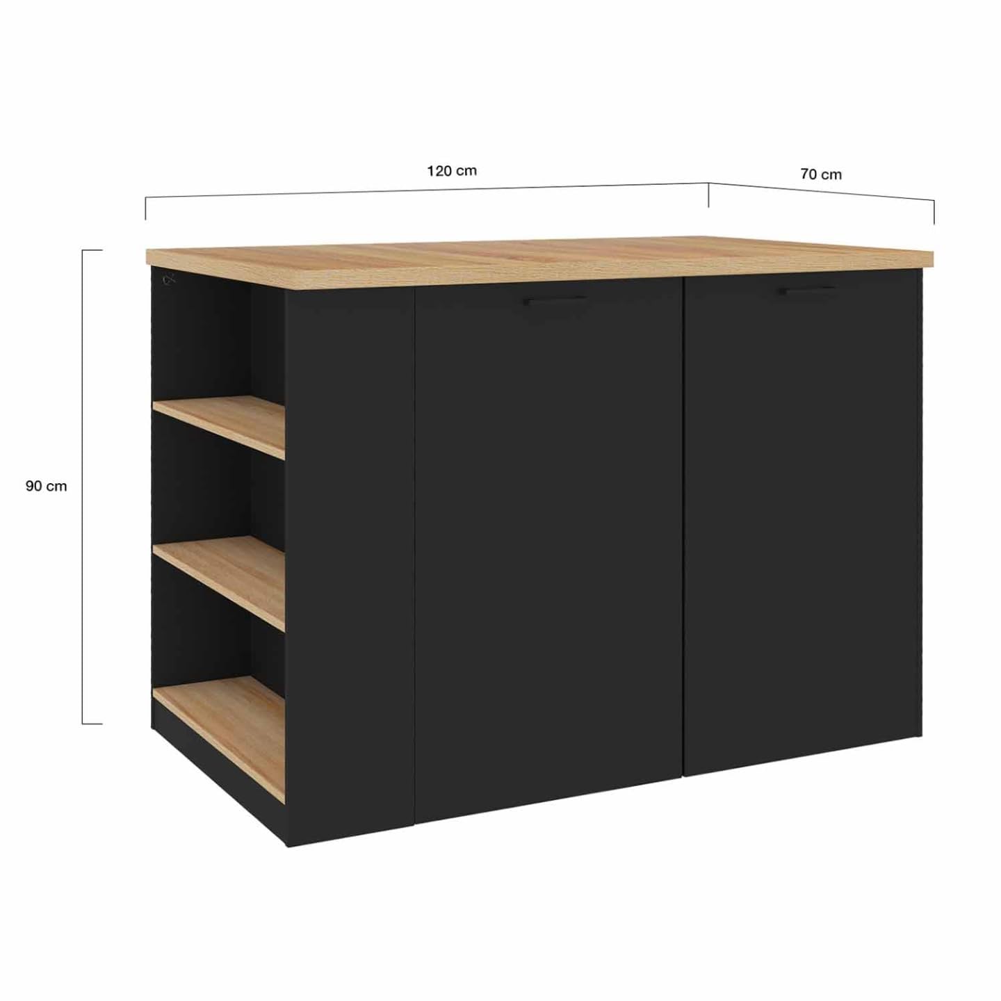 IDMarket - Mittelinsel TIBO 120 cm schwarzes Holz mit Arbeitsplatte in Buchenholzoptik