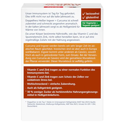 Doppelherz Heißer Ingwer und Curcuma - Vitamin C und Zink zur Unterstützung der normalen Funktion des Immunsystems - heiß und kalt - vegan - 10 Beutel