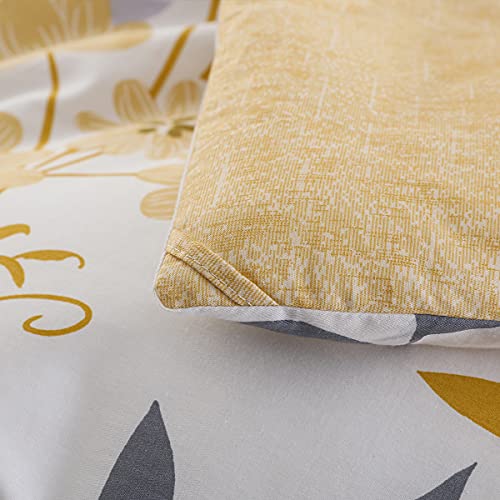 Sleepbella Comforter Queen Size, 600 Thread Count Cotton Grey Branch With Yellow Flower & Grey Leaves Pattern Orange Reversible Comforter Set,Down Alternative Bedding Set 3Pcs(Queen, Yellow Botanical) #TOP5