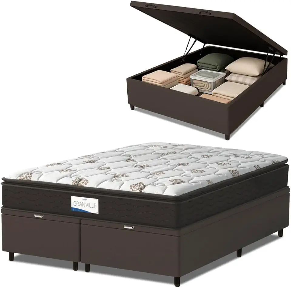 Cama Box Baú Colchão Casal Queen Probel Molas Ensacadas Granville Pillow Top 158x198x69cm Marrom/Branco - Suporta até 110kg por Pessoa