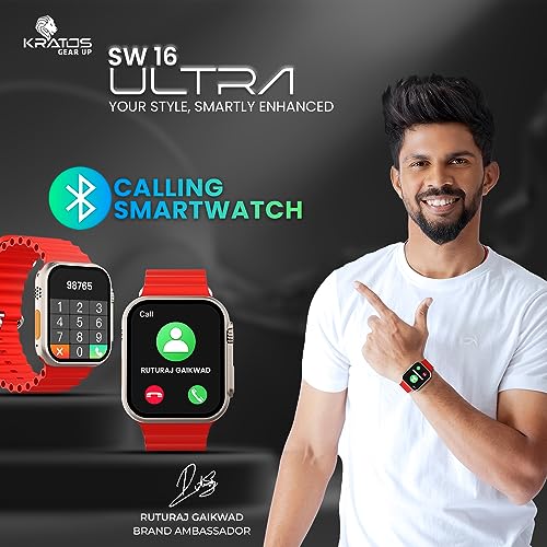 Image of Kratos SW16 Smart watch with 1.85 inch HD LCD Display, Bluetooth Calling, 1.8mm Curved touch screen, Rotating Crown, Metallic body,G-Sensor,SpO2,HR,BP & sleep Monitoring,Bluetooth Photo Capture Smartwatch
