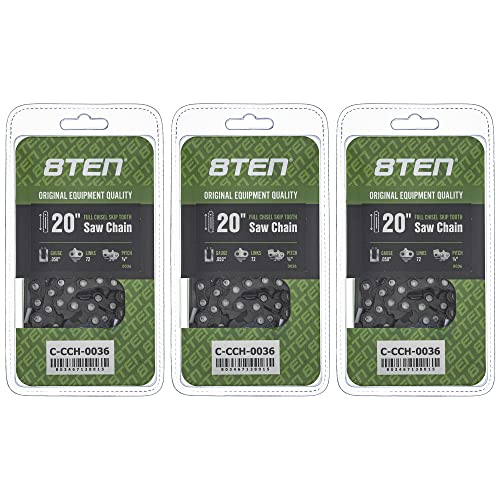8TEN Full Chisel Skip Tooth Chainsaw Chain 20 Inch .050 3/8 72DL for Husqvarna 455 Rancher Stihl MS 270 Poulan (3 Pack)