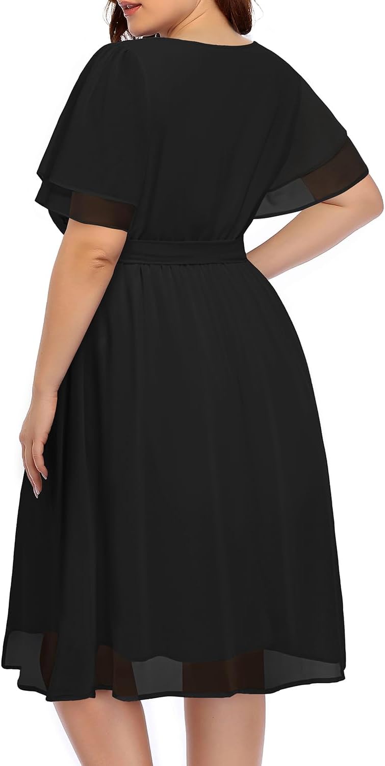 Pinup Fashion Plus Size Dresses for Wedding Guest - Semi Formal Cocktail Chiffon Keyhole Neck Knee Length Dress - Image 3