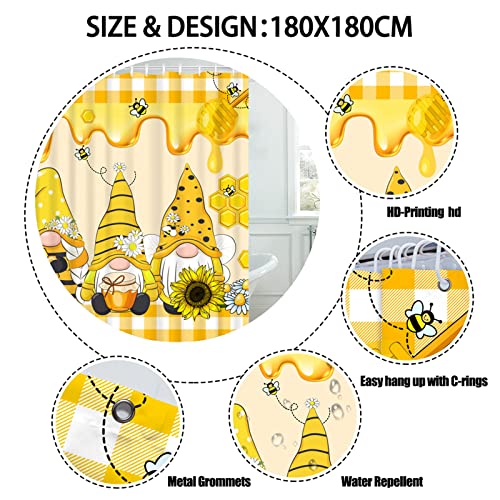 Gnome Bee Shower Curtain, Spring Summer Daisy Sunflower Floral Shower Curtain, Yellow Buffalo Plaid Shower Curtain Set, Sweet Honey Bee Decor Waterproof Bathroom Decoration Bathtub Decor 72"X72" #TOP4
