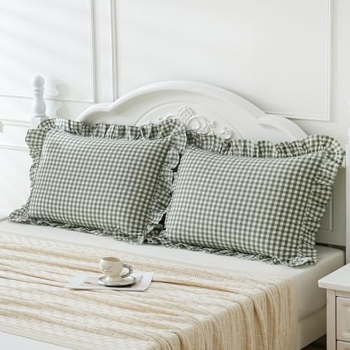 2 Pack Sage Green White Plaid Ruffle Pillow Shams Standard Size 20x26 inches, 100% Cotton Gingham Checkered Farmhouse Pillowcases for Bed/Sofa (20x26 inches, Sage Green/White Plaid)