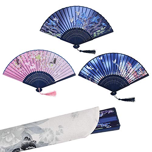 EAONE 3 Pcs Chinese Fan, Abanicos de Mano Butterflies Flowers Vintage Style Silk Hand Folding Fan with Bamboo Frame and Elegant Tassel for Women for Party Wedding Dancing Cosplay Home Decoration