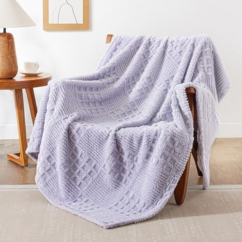 EXQ Home Purple Fleece Throw Blanket for Couch or Bed Waffle Pattern Decor