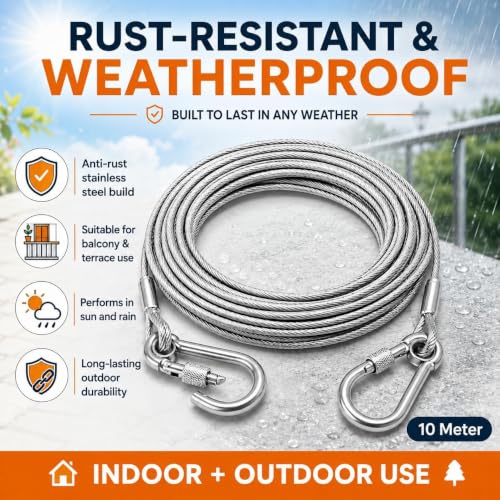 Image of Heavy Duty Clothes Drying Rope 10 Meter with Hooks | Strong Steel Clothesline for Balcony, Travel, Camping & Home Use | Rust Resistant Silver Clothes Line