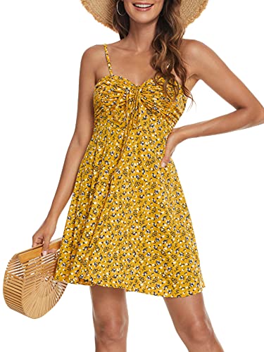 Image of Missufe Spaghetti Strap Floral Mini Dress Women's Casual Ruched Front Drawstring Swing Sundress