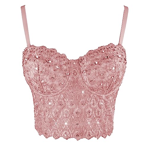 ELLACCI Women's Natural Reigning Lace Rhinestone Bustier Crop Top Sexy Mesh Corset Top Bra3