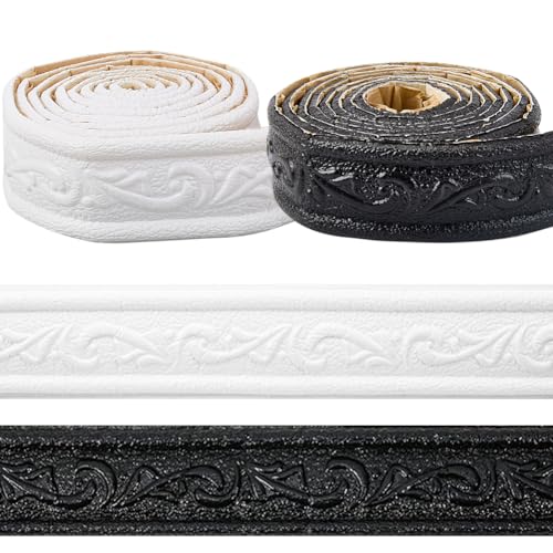 CRASPIRE Papel Tapiz Autoadhesivo de 181x1.8 Pulgada con Borde 3D Moldura de Corona Blanco Y Negro Borde de Zócalo Flexible Resistente Al Agua Espejo Borde de Pared Adhesivo Líneas de Base de Espuma