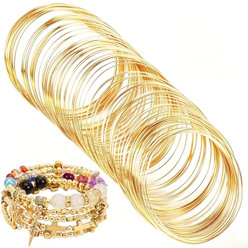 Lekgavd 100 Loops Memory Wire for Jewelry Making, 0.57mm 18K Gold Plated Memory Beading Wire for Bracelets, Jewelry Accessories for Necklaces Bangles DIY Crafts