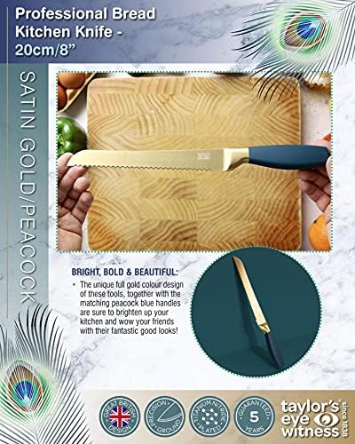 Taylors Eye Witness Stunning Satin Gold Coloured Serrated Bread Knife - Great looking Kitchen Utility Knives. 20cm/8 Razor Sharp Titanium Blade. Comfortable Peacock Coloured Handle. 5 Year Guarantee.