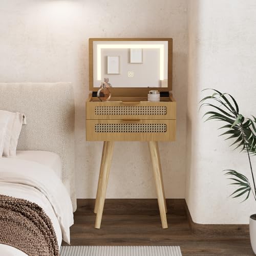 HOTAMO Makeup Vanity - Small Vanity Desk with Mirror and Lights,Narrow Makeup Vanity with Flip Top for Small Space, 3 Adjustable Brightness Mirror