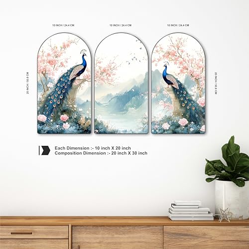 Image of Livin'luxe Peacock Wall Painting | Set of 3 MDF Panel Wall Art | Elegant Floral & Mountain Theme Decorative Painting for Living Room, Bedroom, Hallway & Home Interiors (20 x 30 Inch) RPNS-21
