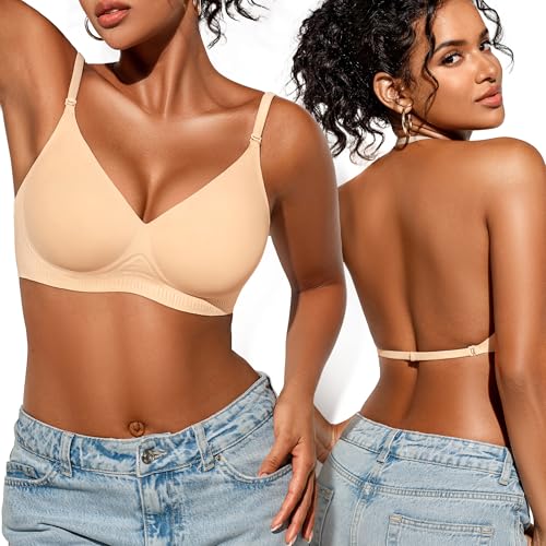 Low Back Bra for Women Wireless, Backless Low Cut V Neck Bralette, Invisible No Show Multiway Convertible Halter Bras Small Skin-02