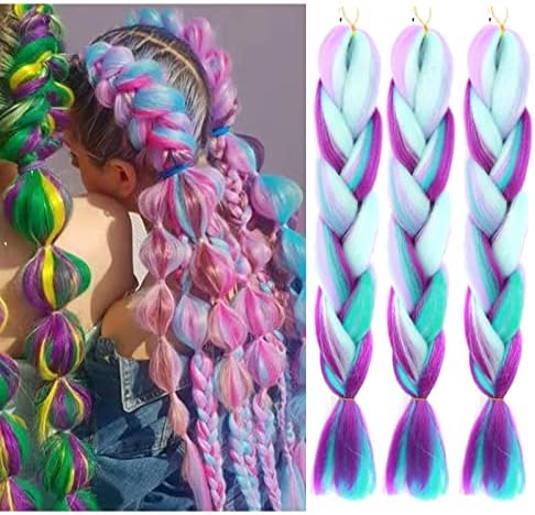 Jumbo Braiding Hair Fiber Mix Four Silky Colorful Twist Braiding Hair 3pcs Rainbow Colors Extensions Synthetic Hair Blue-Light Purple-Pink Synthetic Fiber Soft Healthy (24 Inch 3pcs)