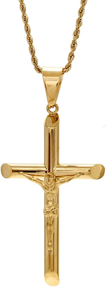 Gold Cross Crucifix Pendant Unisex Designer Jewelry 65mm Rope Chain Necklace (18 Inches)