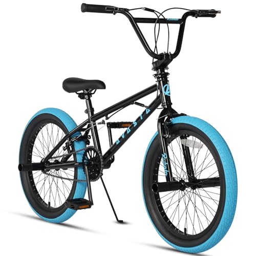 AVASTA Bicicleta BMX Estilo Libre para niños de 20 Pulgadas, para niños de 6 7 8 9 10 11 12 13 14 años, niñas, Adolescentes Principiantes con 4 Clavijas y giroscopio de 360 ​​Grados, Negro y Azul