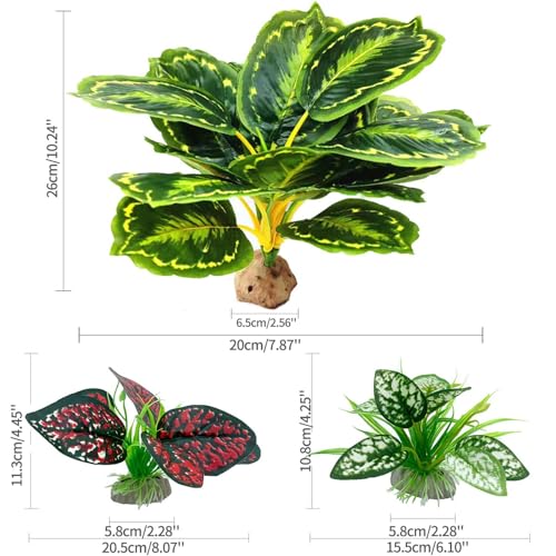 Moonorange Reptile Artificial Plants, Terrarium Plants Decorations Supplies, Aquarium Fish Tank Plant, Amphibian Habitat Hideout Tank Accessories(L Set-3pcs/C)