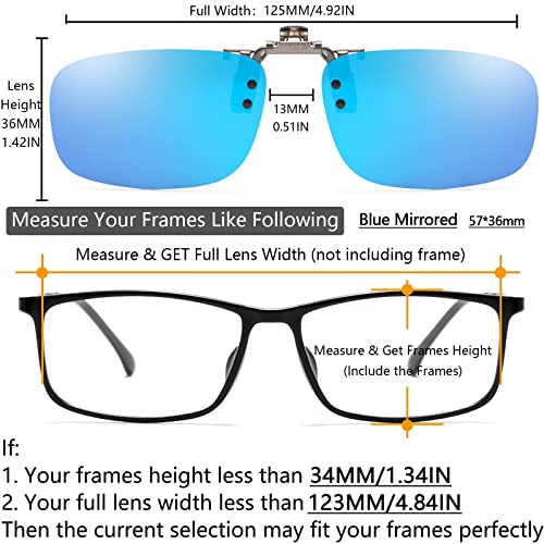 Image of CAXMAN Polarized Clip On Sunglasses Over Prescription Glasses or Reading Glasses for Men Women Flip Up Rimless Rectangle Lens Cover Eyeglasses, Blue Mirrored Lens, 57 * 36mm