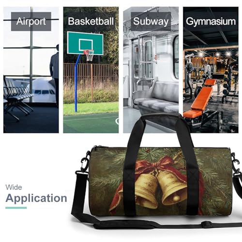 Vintage Two Golden Bells Red Ribbon Travel Gym Bag for Women Men Cylindrical Duffle Bag Sport Workout Bag with Shoulder Strap3