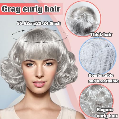 Eerrhhaq Old Lady Wig Costume Set for Women Girls,Short Curly Gray Hair Grandma Wig,Granny Costume Accessories Set for 100 Days of School Costume,Old Woman Cosplay,8 Pieces