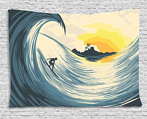Ambesonne Ocean Tapestry, Illustration of Cloudy Sky Tropical Island Wave and Surfer at Sunset Seascape, Wide Wall Hanging for Bedroom Living Room Dorm, 60
