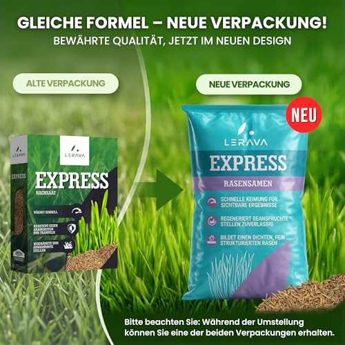 LERAVA® EXPRESS Rasensamen schnellkeimend frühjahr (30m²) - Premium Samen für Trockenrasen & Schattenrasen - Rasensamen nachsaat für lückenlosen Rasen - Grassamen schnellkeimend - Rasensaat turbo -