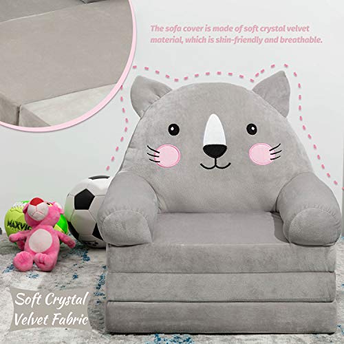 Higogogo Cartoon Foldable Kids Sofa, Plush Cat Shape Children Couch Backrest Armchair Bed With Pocket, Upholstered 2 In 1 Flip Open Couch Seat For Infant Toddler Baby Boys Girls, Grey #TOP4