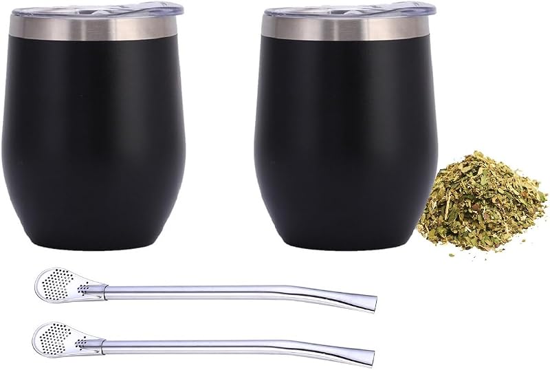 Taza de Yerba Mate de 2 piezas, calabaza de Yerba Mate con aislamiento térmico, juego de tazas de té que incluye cepillo de limpieza y 2 bombillas, taza Mate de doble pared de acero inoxidable 304 (negro mate)