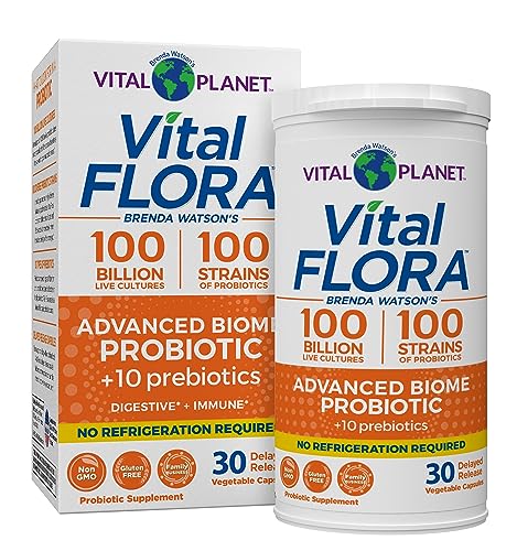 Vital Planet - Vital Flora Advanced Probiotic 100 Billion CFU, 100 Diverse Strains, 10 Organic Prebiotics, Immune Support, Digestive Health Shelf Stable Probiotics for Women and Men 30 Capsules