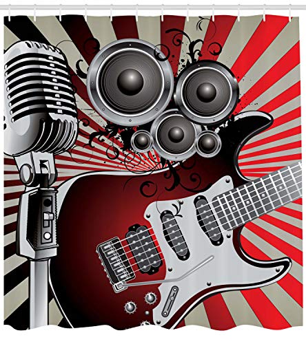 ABAKUHAUS Music Shower Curtain, Music Old Fashioned Speaker Loudspeaker Geometrical Striped Background - Image 2