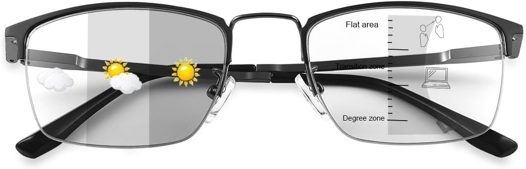 Devirld Photochromic Progressive Multifocus Reading Glasses UV400 Sun Readers Spring Hinges Computer Gaming Blue Light Filter Glasses Transition Glasses Graduated Glasses Men and Women
