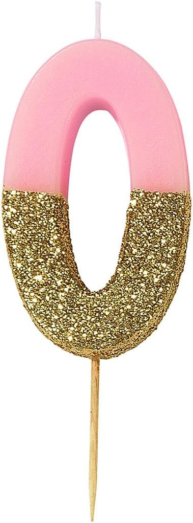 Talking Tables Pink Number 0 Zero Birthday Candle with Gold Glitter Premium Quality Cake Topper Decoration Pretty, Sparkly, Adults, 20th, 30th, 40th, 50th, 60th, Party, Anniversary, Milestone Age,8cm