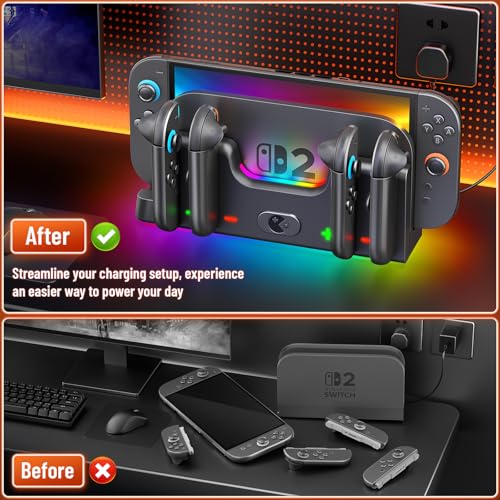 Wenocally Estación de Carga para Mandos Compatible con Nintendo Switch 2 Joy-con, Base de Carga para Mandos Switch 2 6 Modos de Luz RGB,Compatible con 6 Joy-Cons e Indicador LED - imagen 5