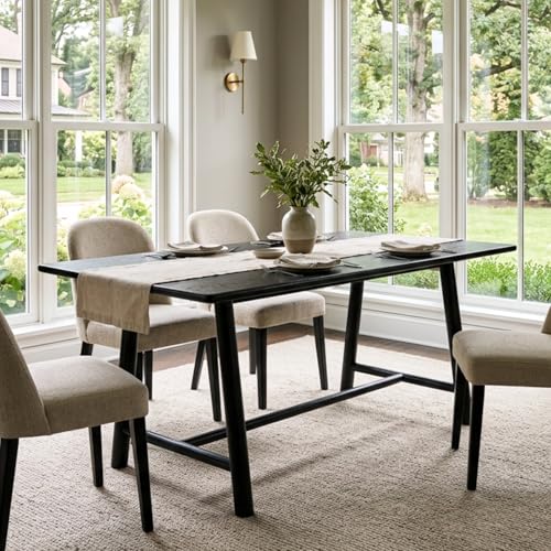 Image of Ya-Home Black Dining Table, 69 inch Wood Kitchen Table with Solid Wood Legs, Seats 4-6, Modern Farmhouse Dinner Table for Dining Room Home Office, 69 inch L x 31.5 inch W x 30 inch H