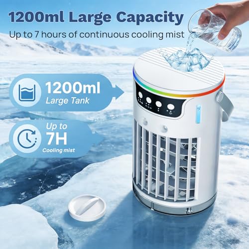 Image of Portable Air Conditioners, 40oz Mini Air Conditioner for Room, Portable Evaporative Air Cooler with 3 Wind Speeds, 3 Cool Mist Modes & 7 LED Lights, 8H Timer, Personal Cooling Fan for Office Desk