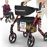 ELONEO 2 in 1 Rollstuhl Rollator faltbar und leicht mit Sitz, Outdoor Rollator Rollstuhl faltbar leicht für alle Gelände, Aluminium Gehhilfe für Senioren mit Netztasche, Transport-Rollstuhl, rot