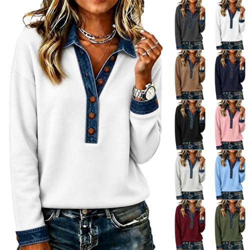 Womens Sweatshirt Denim Collar Loose Fit Patchwork Y2K Henley Sweatshirts | Cozy, Soft, Long Sleeve, Drop Shoulder, Cold Weather, Everyday, Casual, Weekend, Daily Wear, Party, Young Women - image 1