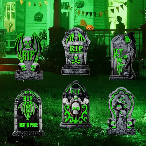 Larber 6pcs Large Halloween Tombstones Yard Signs Decor 38CM Halloween Glow Tombstones with Stakes Waterproof RIP Headstones Outdoor Decor for Graveyard Lawn Garden Decoration