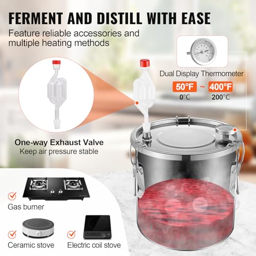 Miniatura 3 de Vevor Destilador De Alcohol, De Acero Inoxidable De 11,4 L, Kit De Fermentación Para Refinación De Cerveza Casera Con Termómetro De Doble Pantalla, Para Vino, Whisky, Brandy, Plata, 250 X 360 Mm